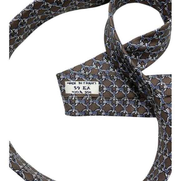 HERMÈS Men's 100% Silk Necktie LUXURY Tie 59 EA Brown Gray Chain W:3.2" EUC - Picture 3 of 5